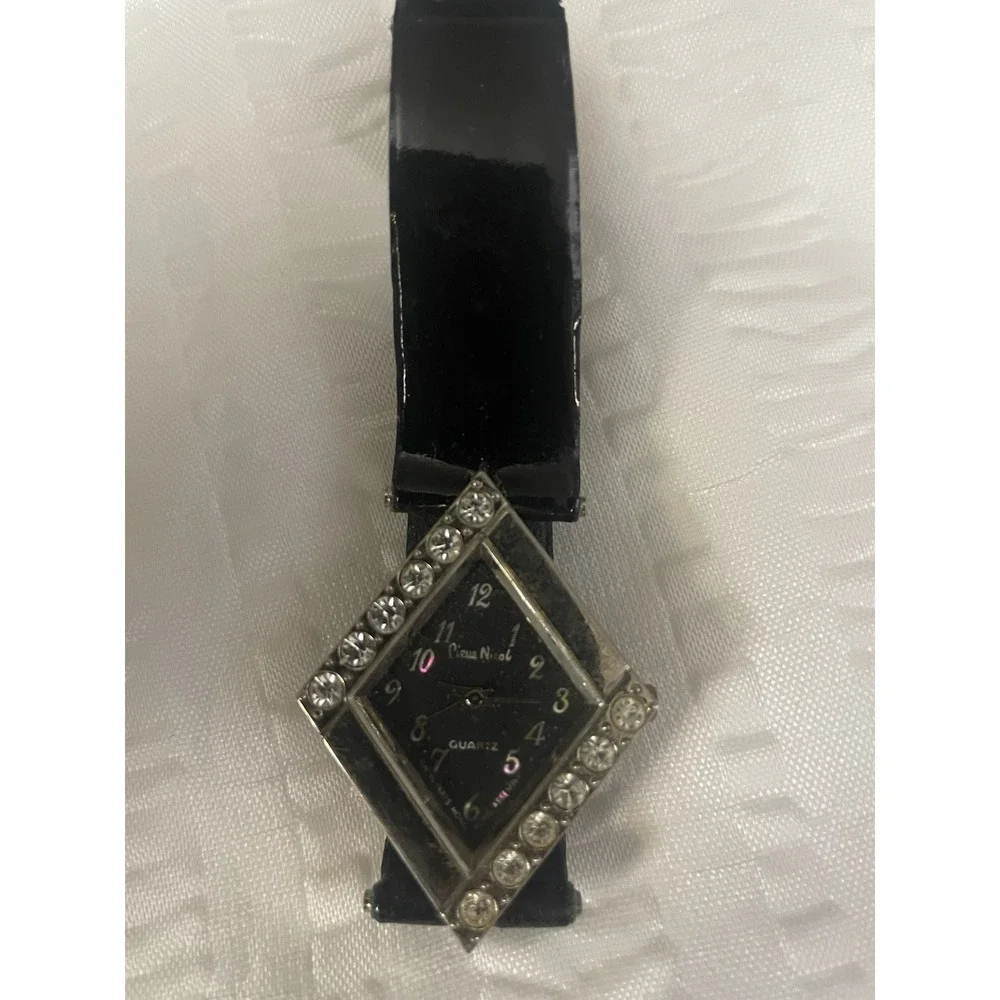 Pierre Nicol Womens Diamond Shape Rhinestone Silver Quartz Watch Leather Strap